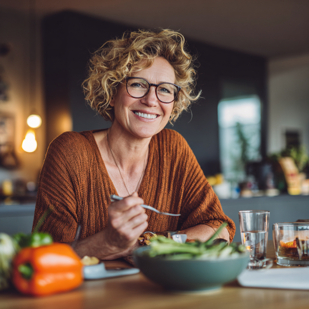 middle-aged woman enjoying healthy meal planning at home